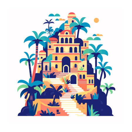Colorful vector illustration tropical mansion surrounded palm trees under sunshine. Stylized graphic fantasy villa lush vegetation, vibrant colors, holiday vibes. Exotic castlelike building, sunのイラスト素材