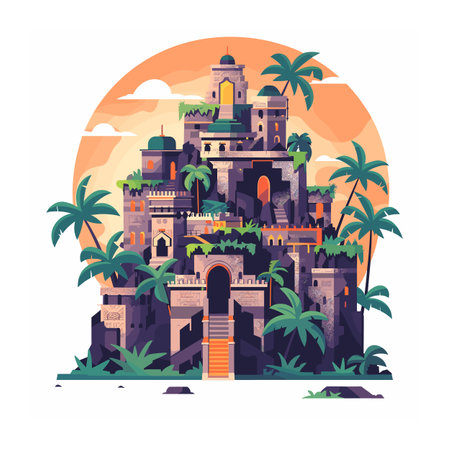 Stylized castle nestled among palm trees against sunset backdrop. Intricate architecture features arches, multiple levels, verdant foliage. Warm colors convey tranquil, exotic atmosphereのイラスト素材