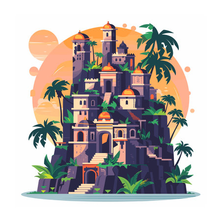 Fantasy castle tropical island sunset backdrop. Exotic temple palm trees sun illustration. Magical palace tropical landscape vector artのイラスト素材