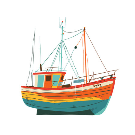 Colorful fishing boat illustration masts, nets, wheelhouse. Vintage style seafaring vessel, marine transportation. Oceanready commercial fisher isolated white backgroundのイラスト素材