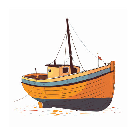 Orange blue fishing boat illustration, vintage wooden vessel, nautical theme vector art. Oldstyle fishing boat, maritime transportation, isolated white background, detailed colorful drawing. Retroのイラスト素材