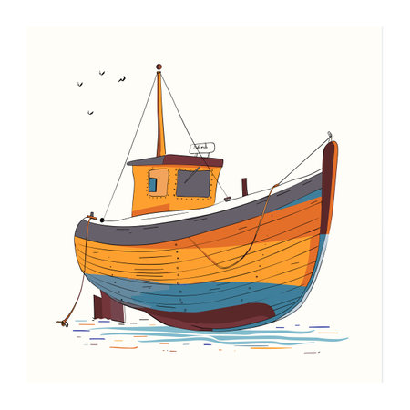 Colorful fishing boat illustration against white background. Cartoon style vessel, vibrant stripes, seagulls flying nearby, nautical theme. Wooden fishing boat, blue orange colors, docked ashoreのイラスト素材