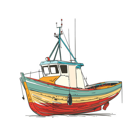 Fishing boat illustration white, colorful handdrawn trawler. Traditional fishermans boat drawing, maritime vessel isolated. Nautical theme fishing boat, sea travel, fishery equipmentのイラスト素材