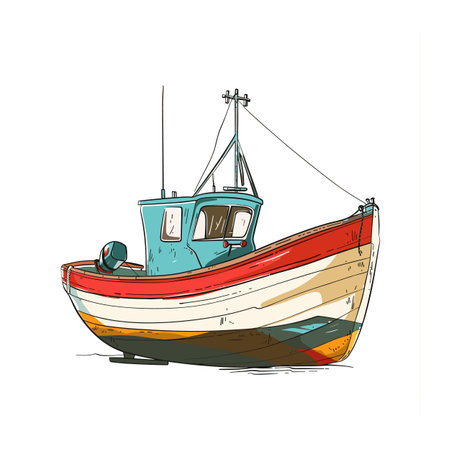 Colorful fishing boat illustration featuring red, blue, yellow hues. Detailed drawing small fishing vessel isolated white background. Sketch style artwork, nautical theme, maritime transportationのイラスト素材