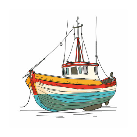 Colorful fishing boat illustration, handdrawn style, boat docked. Striped boat colors red, yellow, blue,, marine theme. Fisherman boat, commercial fishing, sea vessel, isolated white backgroundのイラスト素材