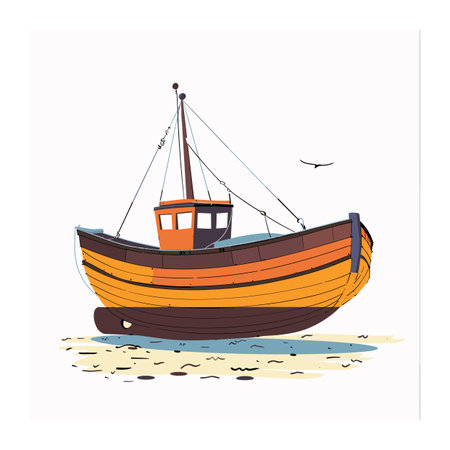 Fishing boat ashore under clear sky, suspended cables. Seagull flies above ocean next colorful wooden vessel, tranquil scene. Illustration maritime fishing industry, vibrant yellow orange huesのイラスト素材