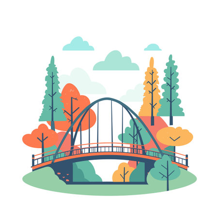 Autumnal park bridge vector illustration, colorful serene nature scene, flat design foliage. Pastel hues trees, arch bridge crossing river, tranquil landscape artwork. Isolated white backgroundのイラスト素材