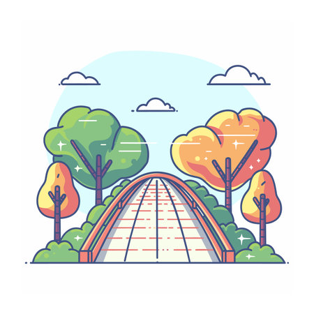 Railroad tracks leading through vibrant, stylized landscape colorful trees. Gentle curves bright colors convey peaceful scene. Clear weather sky fluffy clouds above tracksのイラスト素材