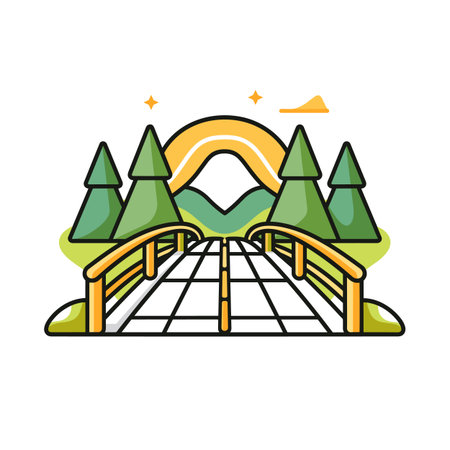 Flat design vector illustration landscape bridge, green trees, mountains yellow sun behind peaks. Bright colors, simple geometrical shapes, cartoonish style define artwork. Landscape scene idealのイラスト素材