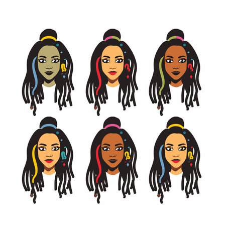 Six diverse female faces different skin tones hairstyles. Women exhibit various expressions, hairstyles include buns loose hair. Illustration displays earrings, colorful hair ties, makeupのイラスト素材