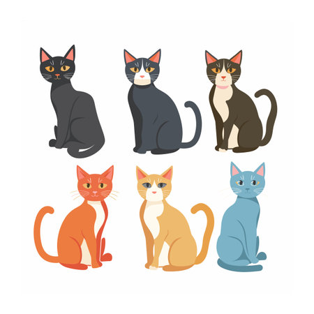 Six cartoon cats displaying different colors patterns. Upper row black cat, grey cat white muzzle, brownwhite cat, all sitting. Lower row has orange, cream, blue cats sitting, cute expressionsのイラスト素材