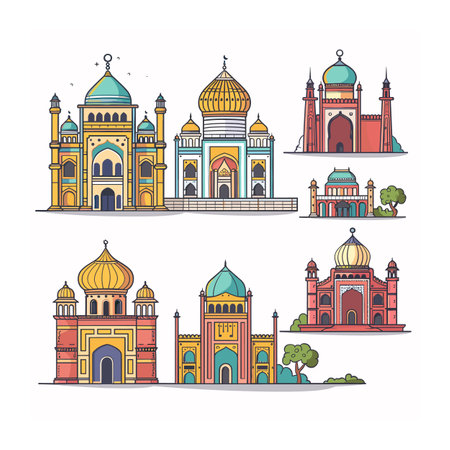 Six colorful mosques vector illustrations displayed, mosque features distinct architecture, domes, towers, elaborate detail. Vibrant hues, trees, clear skies enhance their beautyのイラスト素材