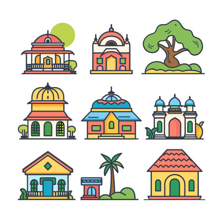 Collection colorful Indian landmarks, architecture, tree, house vector illustrations against white background. Artistic representation cultural buildings, home structures, vegetation graphic designのイラスト素材