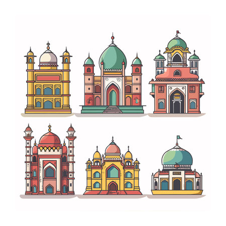 Set Indian landmarks vector illustrations, colorful cartoonstyle Indian architecture, famous Indian buildings isolated white background. Six different stylized temples palaces, cultural travelのイラスト素材