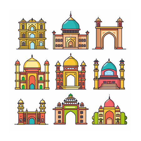 Nine colorful line art illustrations Indian landmarks architecture. Vibrant illustrations reflect cultural heritage, famous tourist attractions, historic buildings, intricate designs. Artisticのイラスト素材