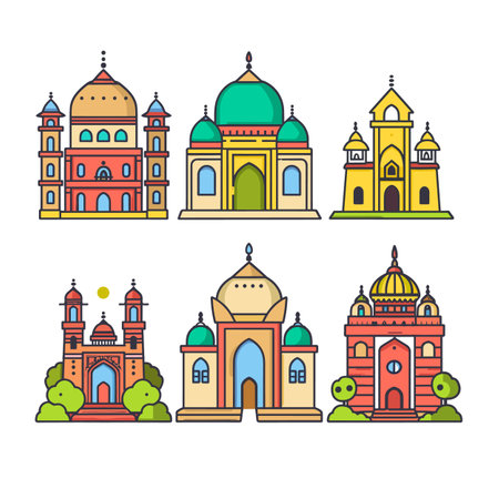 Colorful vector illustrations various mosques, featuring domes, minarets, arches. Flat design style depicting Islamic architecture, intricate details ornamental elements, mosque unique mix warm coolのイラスト素材