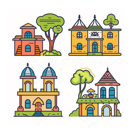 Four colorful cartoon buildings set against white background, building features unique architectural style, vivid colors, trees, playful design elements. Artistic vector illustration colorfulのイラスト素材