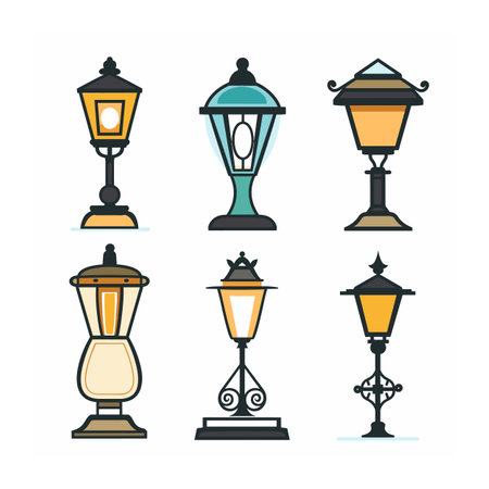 Collection vintage street lamps, variety designs, antique lighting. Different styles classic streetlights, elegant city decor, isolated white background. Set six oldfashioned lanterns, urbanのイラスト素材