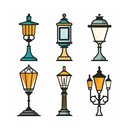 Five vintage street lamps illustrated various designs colors, lamp features unique details stands out against isolated white background, styles range classic ornate, highlighted glass panes metalのイラスト素材