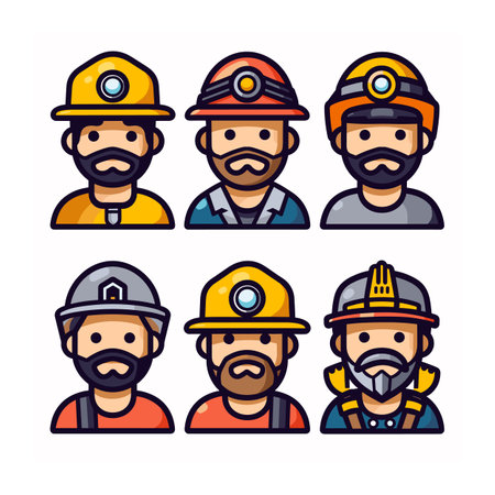 Six miners depicted, unique safety helmets, beards, facial expressions. Miners wearing helmets lights, reflective stripes, diverse beard styles. Cartoon miners, colorful uniforms, professionalのイラスト素材