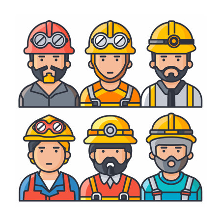 Set six diverse miners wearing safety helmets, work uniforms, protective gear, professional mining team illustration, cartoon miners headlamps, isolated white. Cartoon character set minersのイラスト素材