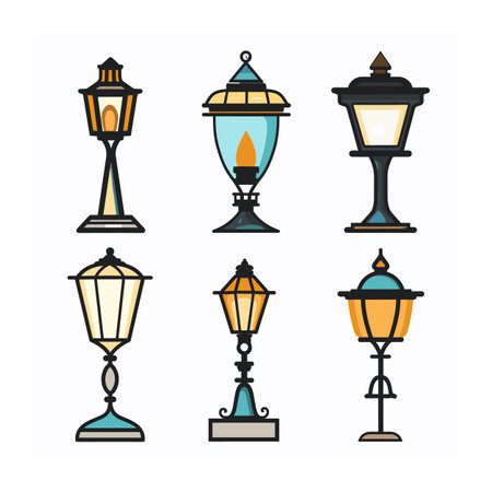 Set six colorful street lamps, unique design color isolated white background. Vintage modern streetlights collection, urban lighting fixtures cartoon style. Decorative poles light sources cityのイラスト素材