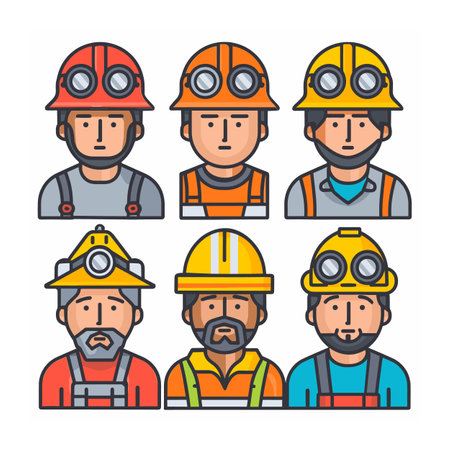 Six miners cartoon characters wearing safety helmets. Miners headlamps illustrated flat design, professional mining worker avatars. Male worker icons protective gear uniforms, faces mining industryのイラスト素材