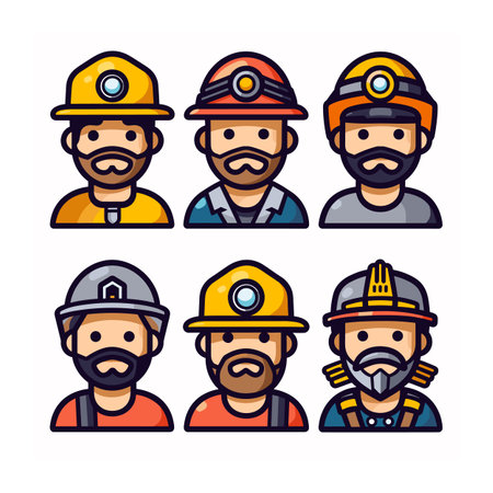 Six different miners various helmets facial hair. Detailed helmets signify different mining roles rank. Bright colors, clear lines, cartoonstyle avatarsのイラスト素材