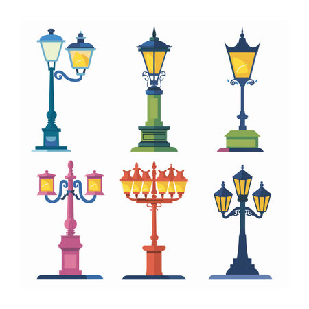 Set colorful street lamps vector illustration isolated white background. Various styles vintage, classic, ornate lampposts bright colors. Street lighting, outdoor decoration, retro, modern designsのイラスト素材