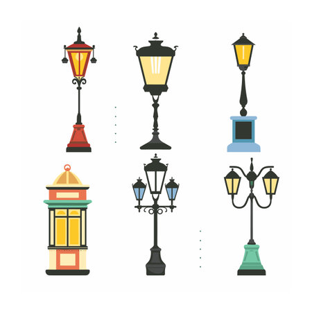 Collection vintage streetlights, featuring various designs colors. Six street lamps displaying classic ornate details, distinct pedestals, lantern shapes. Illustration captures oldfashioned lightingのイラスト素材