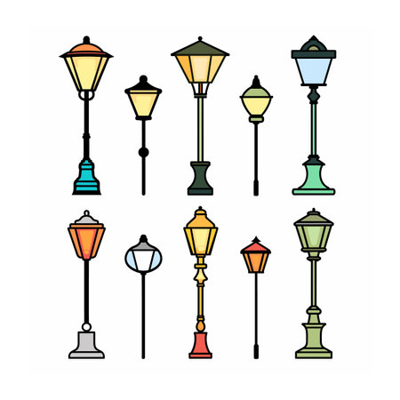 Collection colorful street lamps, various designs, vector illustration. City lighting equipment, isolated white background, decorative urban elements. Varied lamp posts, retro modern styles combinedのイラスト素材