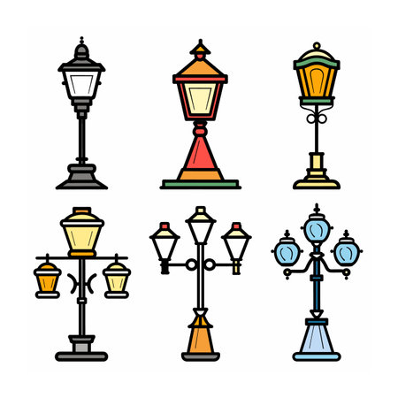 Set street lamps, varied designs, colorful cartoon style. Different lampposts, urban light fixtures, bold lines. Collection city lighting, classic modern lamp styles, isolated white backgroundのイラスト素材