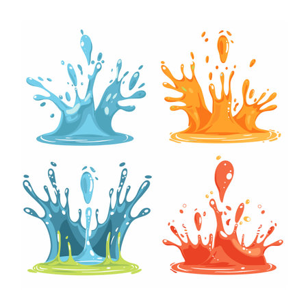 Colorful liquid splashes vector illustration showing dynamic motion vibrant colors. Four separate splash designs represent water, orange juice, bright paint, lava. Cartoon style droplets perfectのイラスト素材