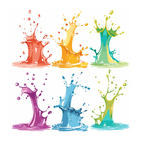 Colorful paint splashes set against white background. Multicolored paint splatters, artistic vibrant. Six different paint splash designs representing creative art paintingのイラスト素材