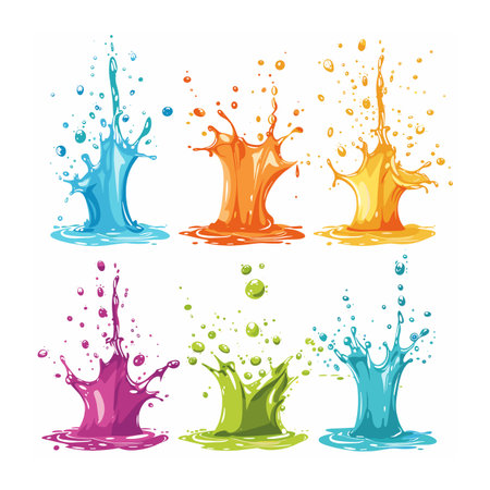 Colorful liquid splashes vector illustration isolated white background. Dynamic paint splatter set, blue, orange, yellow, purple, green. Artistic vibrant ink splashes graphic design elementのイラスト素材