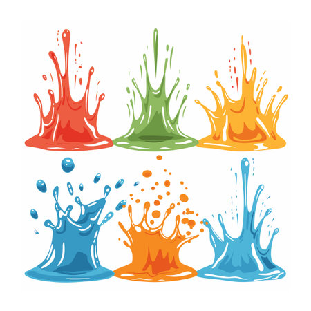 Colorful paint splashes set isolated white background. Vibrant red, green, yellow, blue splatters. Cartoon liquid drops, splashing conceptのイラスト素材