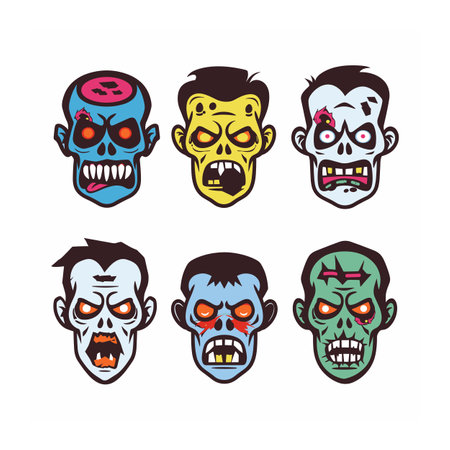 Six cartoon zombie heads expressing various scary emotions. Colorful undead faces perfect Halloween designs. Bright, bold colors exaggerated facial features give comic book styleのイラスト素材