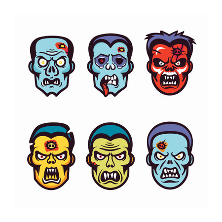 Six cartoon zombie heads displaying different expressions. Zombie faces colorful, including blue red skin tones, various grimaces, wounds. Illustration suitable Halloween themes, monster designsのイラスト素材