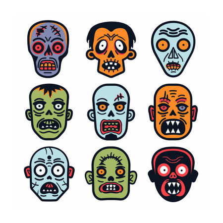 Set nine colorful zombie faces arranged three rows, displaying different expressions features. Cartoon zombie heads exhibit various zombie expressions, ranging scary, funny, angry. Illustrationのイラスト素材
