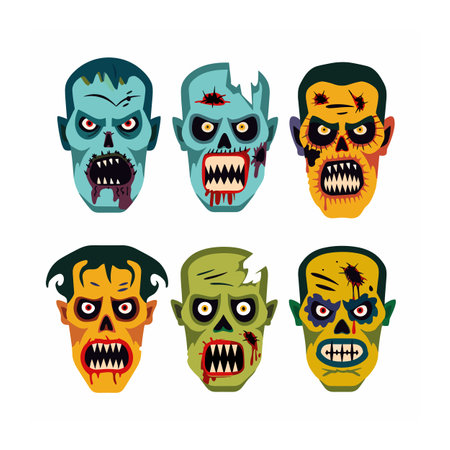 Six cartoon zombie heads showing varying expressions, zombie head features grotesque details scars, blood, exposed teeth. Illustrated horror characters suitable Halloweenthemed designsのイラスト素材