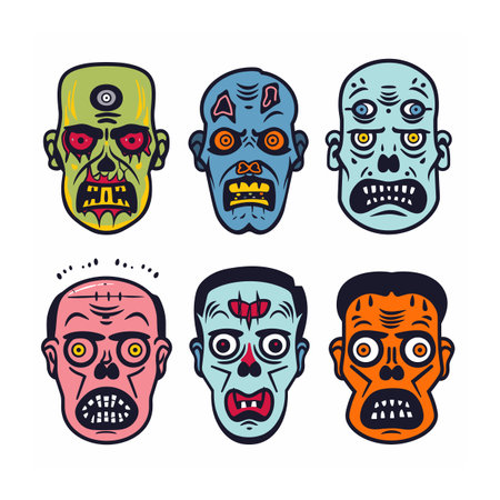 Six cartoon zombie faces expressing various scary emotions. Colorful undead heads exaggerated features, perfect Halloween themes. Bright bold color palette, horror inspired, suitable spooky graphicのイラスト素材