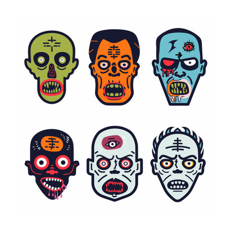 Set six colorful zombie faces designed cartoon style, zombie head features distinct expressions detailed facial injuries, positioned against white background. Zombie illustrations scarredのイラスト素材