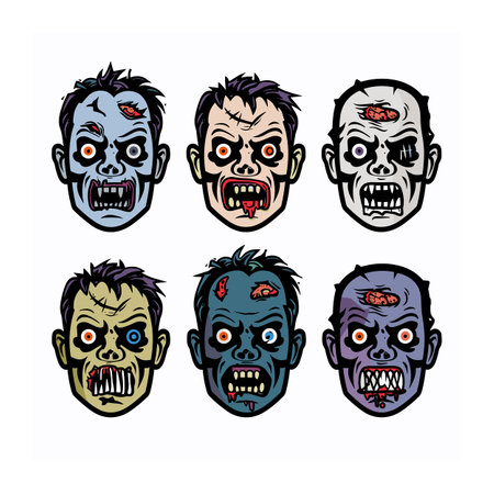 Six cartoon zombie faces expressing horror, aggression, decay. Various undead characters different skin tones, wounds, expressions. Halloweenthemed designs featuring grotesque details vibrant colorsのイラスト素材