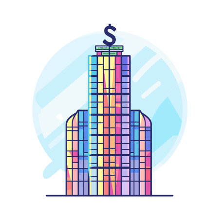 Colorful skyscraper illustration featuring dollar sign. Modern highrise building graphic financial district symbol. Urban architecture design colorful facade isolated white backgroundのイラスト素材