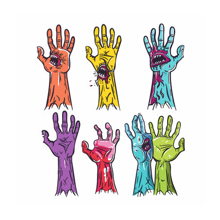 Six cartoon zombie hands, variety colors expressions, horror theme, spooky dramatic gestures. Zombie hands mouth, eyes, stitches, colorful undead creatures, Halloween illustration. Six raised handsのイラスト素材
