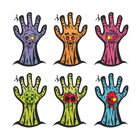 Six colorful zombie hands rising, different skin tones unique eye details. Grotesque undead hands, expressive cartoonish, surrounded flies. Vibrant horrorthemed graphic, perfect Halloween designsのイラスト素材