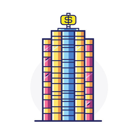 Brightly colored skyscraper topped dollar sign symbolizing wealth finance. Multicolored highrise building represents corporate business bank prosperity. Cartoon office tower signifies economicのイラスト素材