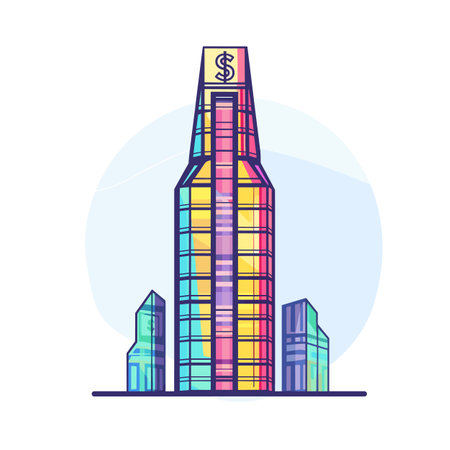 Colorful skyscraper illustration featuring dollar sign, symbolizing wealth finance. Stylized vibrant cityscape, corporate buildings, economic growth concept. Modern financial district, urbanのイラスト素材