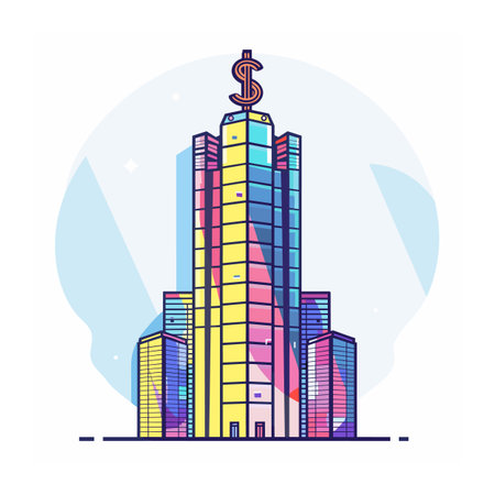 Colorful skyscraper dollar sign top concept financial district. Multicolored highrise building skyline business finance. Cartoon style modern cityscape illustration isolated white backgroundのイラスト素材