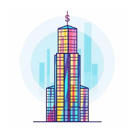 Colorful skyscraper building dollar sign, finance concept art, corporate success. Bright multicolored highrise office tower, economic growth symbol, urban backdrop. Skyscraper illustration, colorfulのイラスト素材